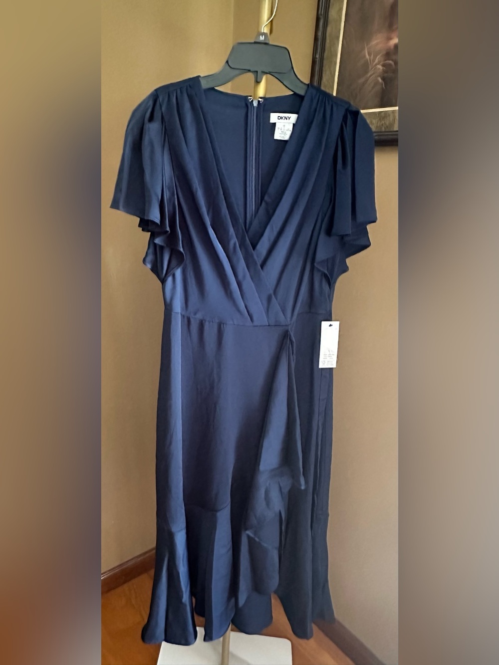 DKNY Navy Wrap-Style Midi Dress with Flutter Sleeves